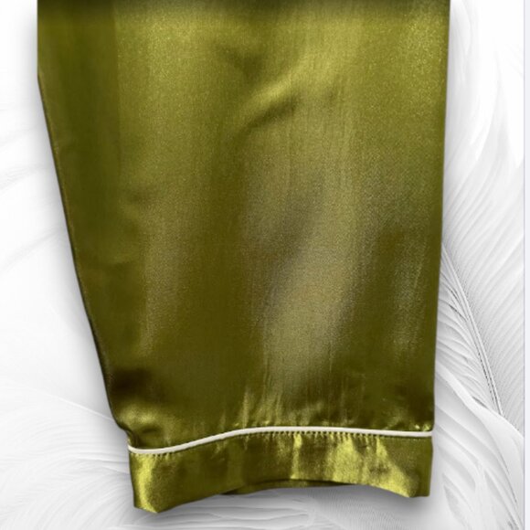 Olive Green Satin Pajama Set with White Piping – Size L - Picture 6 of 11